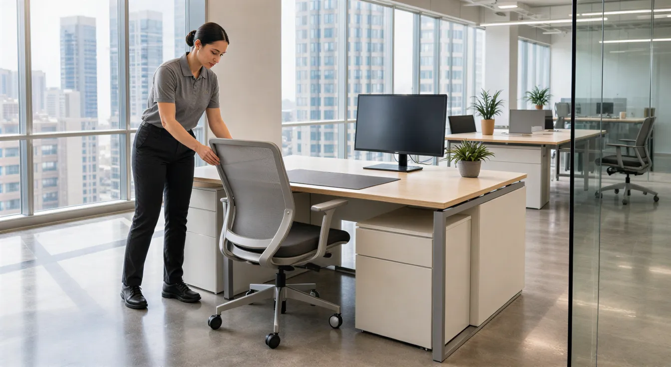 Ein Reinigungskraft richtet einen ergonomischen Stuhl an einem leeren Schreibtisch in einem sonnendurchfluteten Büro aus.