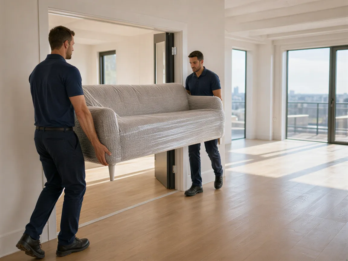 Ein Umzugsteam trägt ein großes, eingepacktes Sofa durch die Tür einer hellen, modernen Wohnung.
