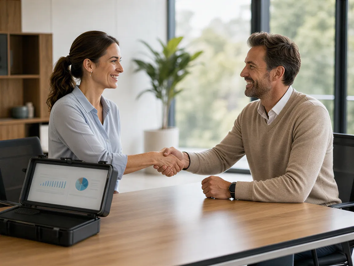 Zwei Personen in Business-Kleidung schütteln sich die Hände an einem minimalistischen Schreibtisch in einem modernen Büro.