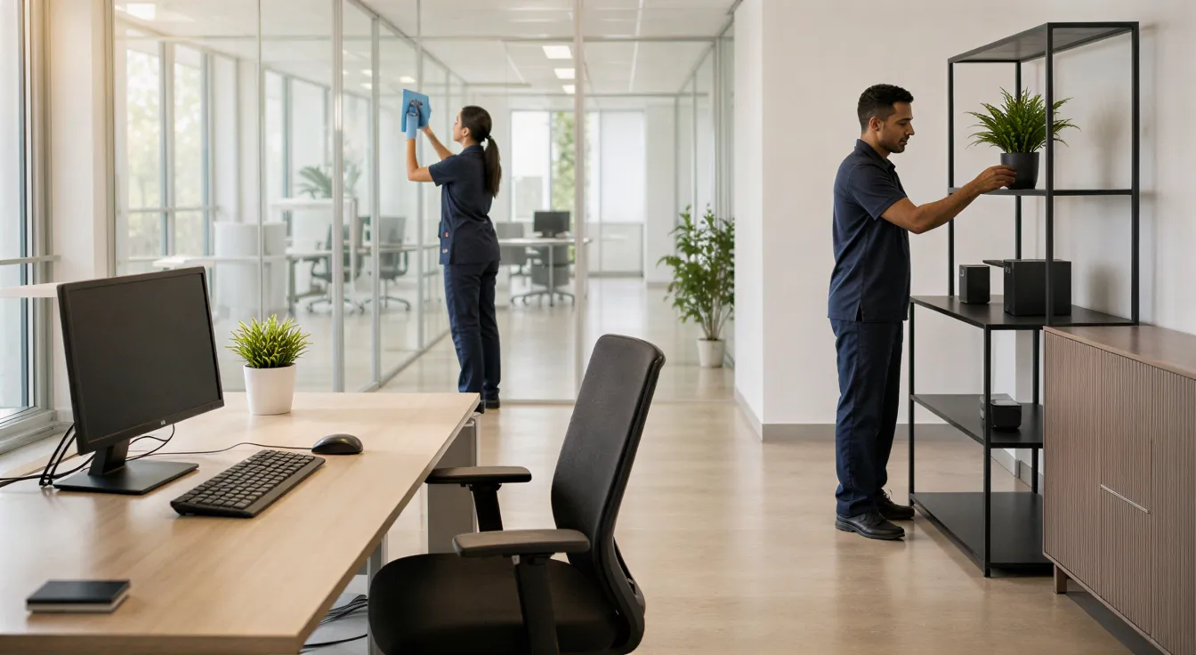 Ein sauberes Büro mit zwei Reinigungskräften, die eine Glaswand polieren und eine Pflanze aufstellen.