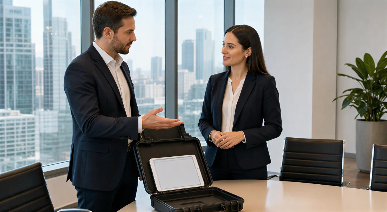 Zwei Geschäftsleute besprechen einen Serviceplan an einem Besprechungstisch in einem modernen Büro mit Stadtblick.