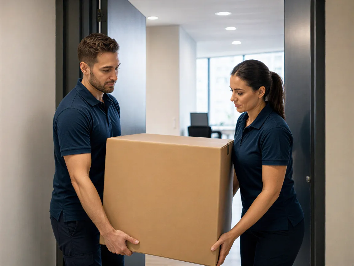 Ein professionelles Umzugsteam transportiert einen großen Karton durch einen hellen Büroflur.