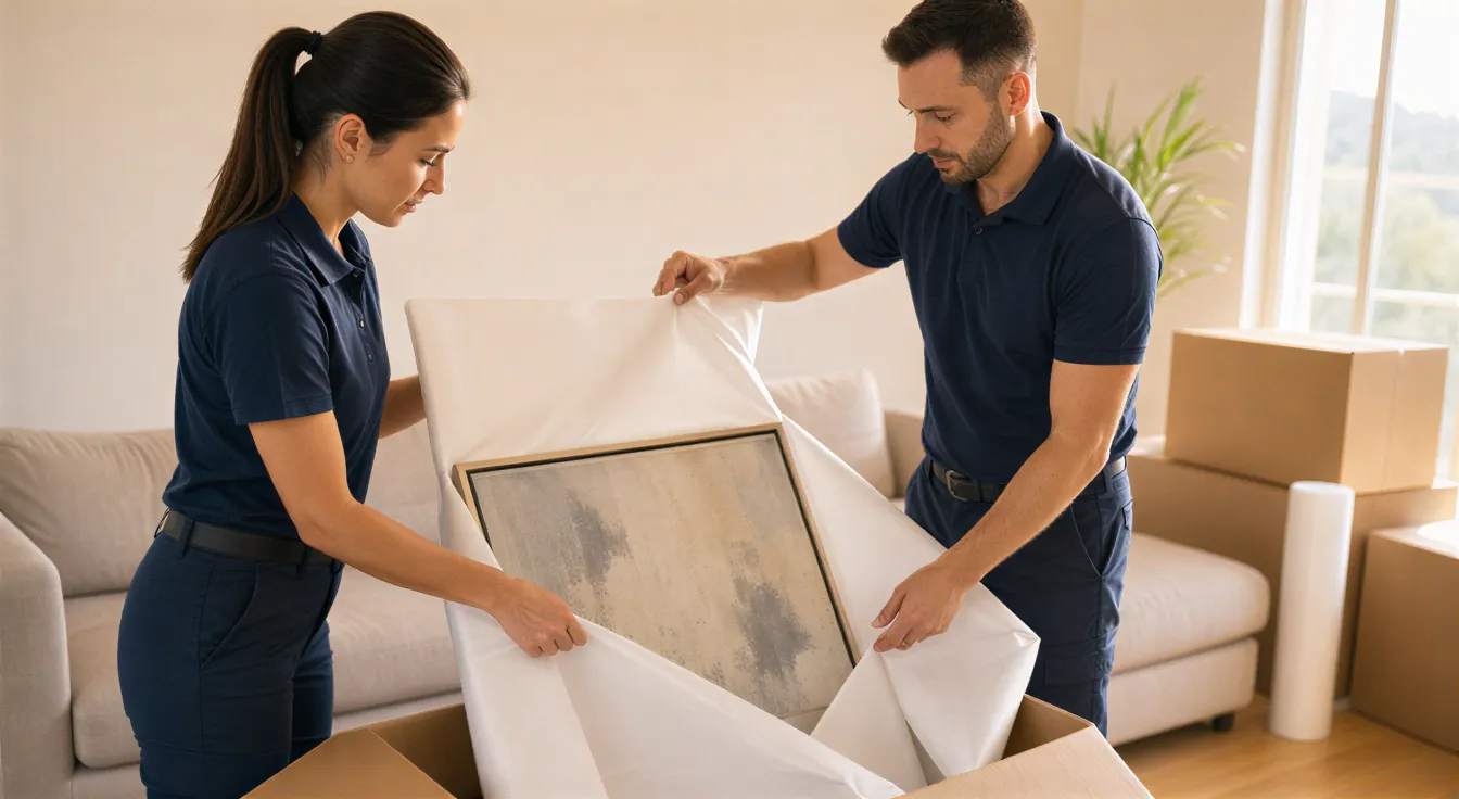 Ein Umzugsteam verpackt sorgfältig ein großes gerahmtes Kunstwerk in einem hellen Wohnzimmer.