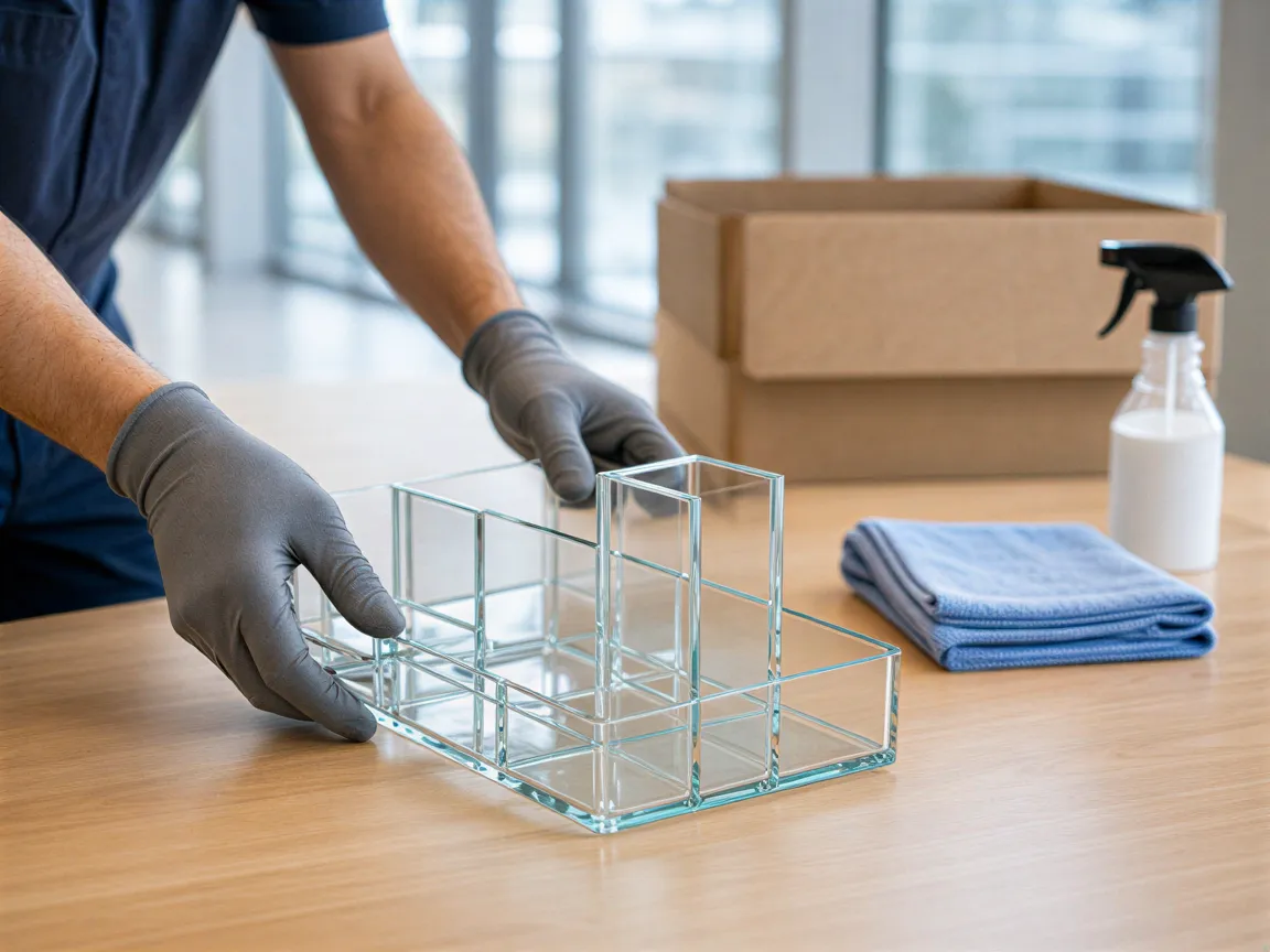 Ein Arbeiter platziert einen leeren Glas-Organizer auf einem sauberen Schreibtisch in einem hellen Büro.