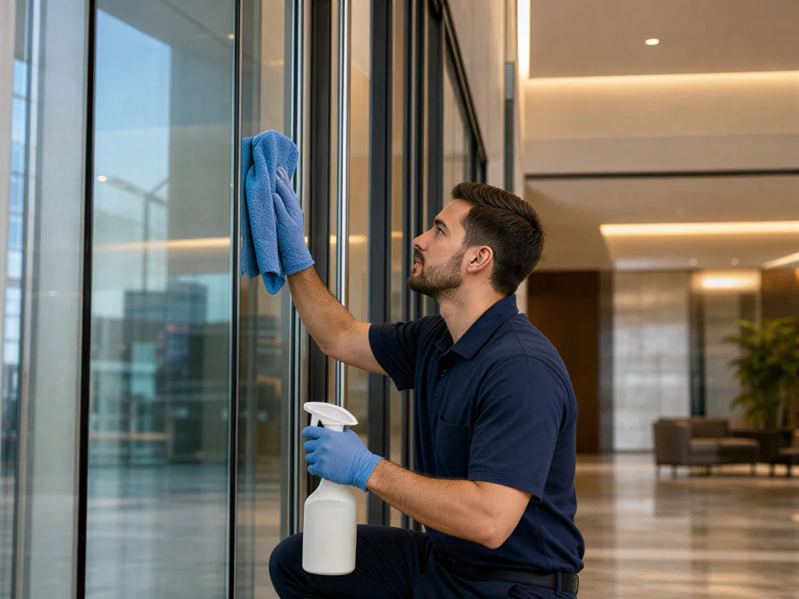 Ein Hausmeister in sauberer Uniform poliert die Glasfassade eines modernen Bürogebäudes bei Tageslicht.