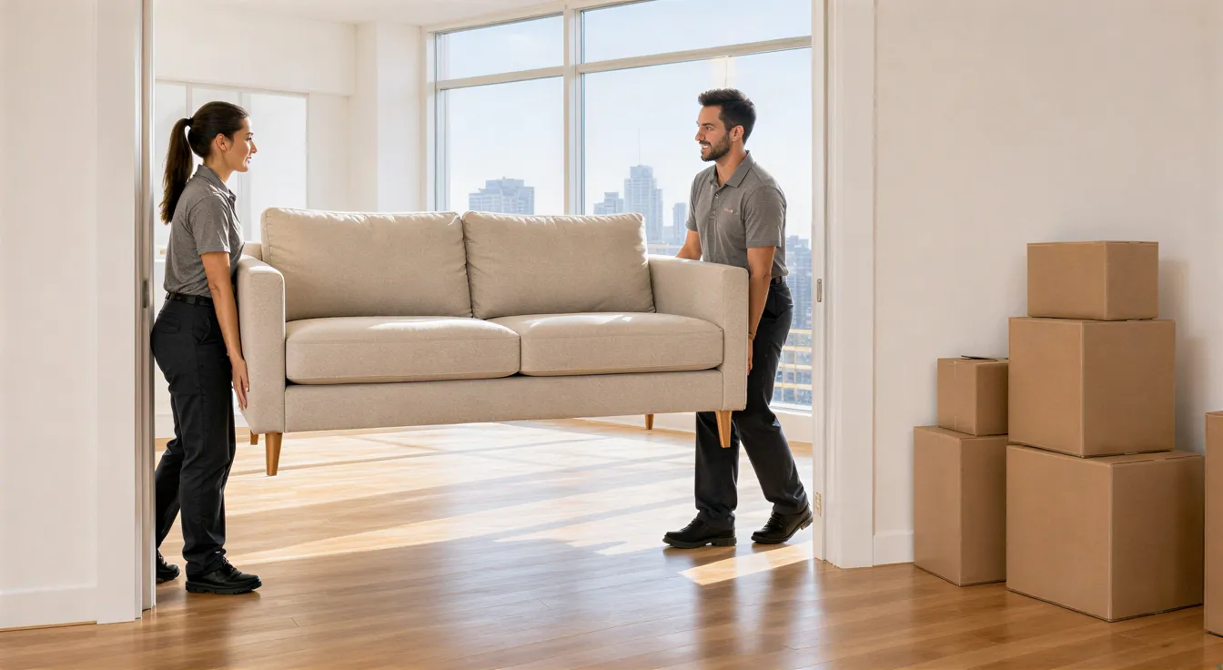 Zwei Umzugshelfer tragen vorsichtig ein großes Sofa durch eine helle, leere Wohnung.