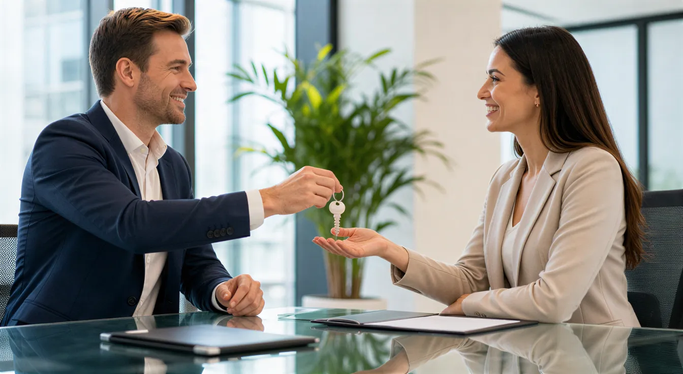 Eine Frau und ein Mann tauschen einen symbolischen Schlüssel während eines vertrauensvollen Treffens in einem modernen Büro.