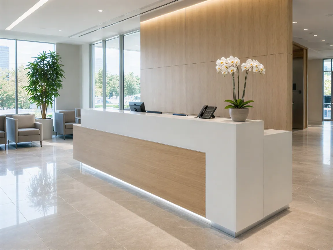Ein modernes Bürofoyer mit einem minimalistischen Empfangstresen aus hellem Holz, einer Orchidee und einem Telefon.