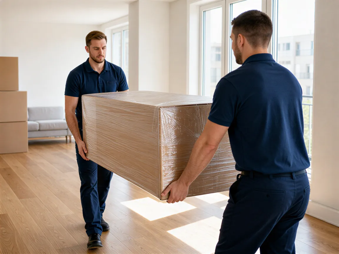 Zwei Umzugshelfer tragen eine sorgfältig verpackte Kiste durch einen sonnendurchfluteten, modernen Wohnraum.