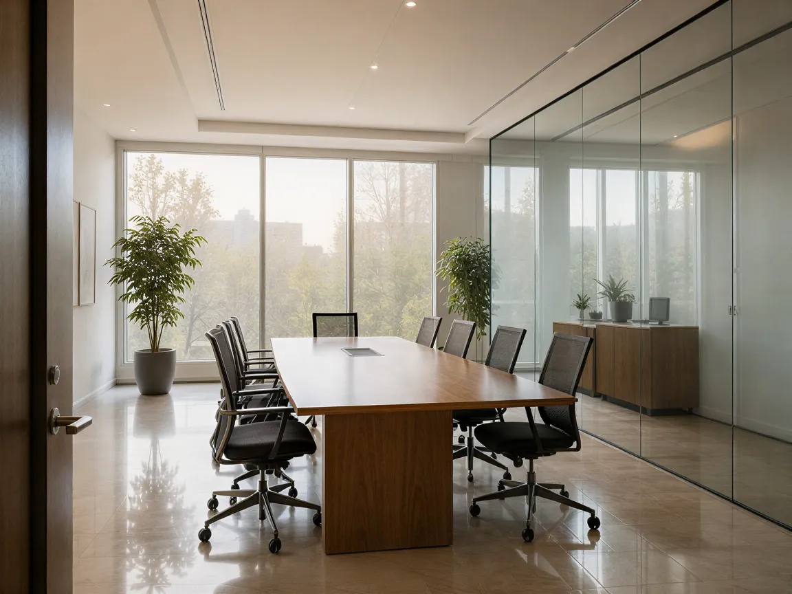 Ein modernes Büro nach der Reinigung mit einem polierten Holztisch und ergonomischen Stühlen vor einem großen Fenster.