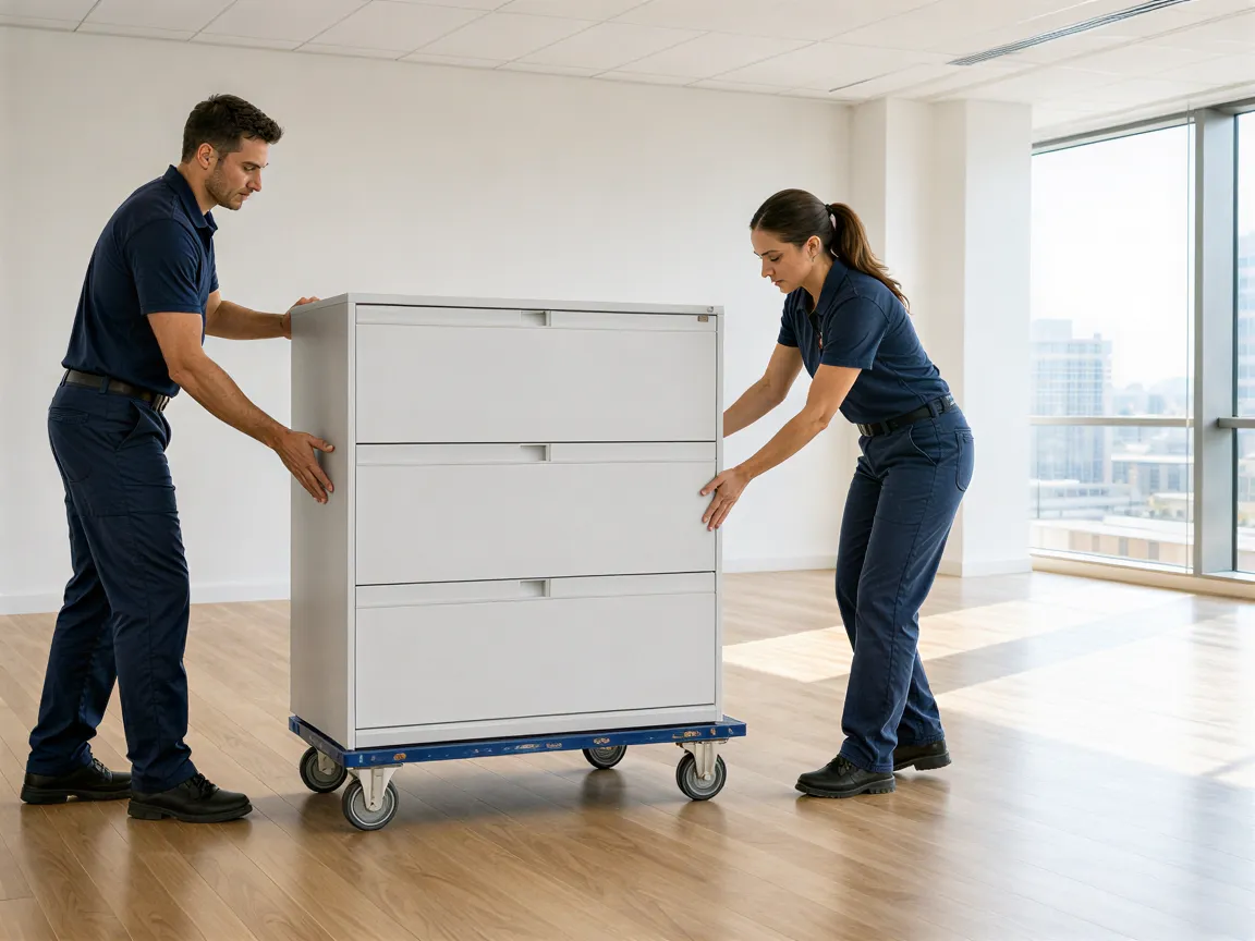 Zwei Umzugsmitarbeiter schieben einen leeren weißen Aktenschrank auf einem Transportwagen über einen hellen Holzboden.