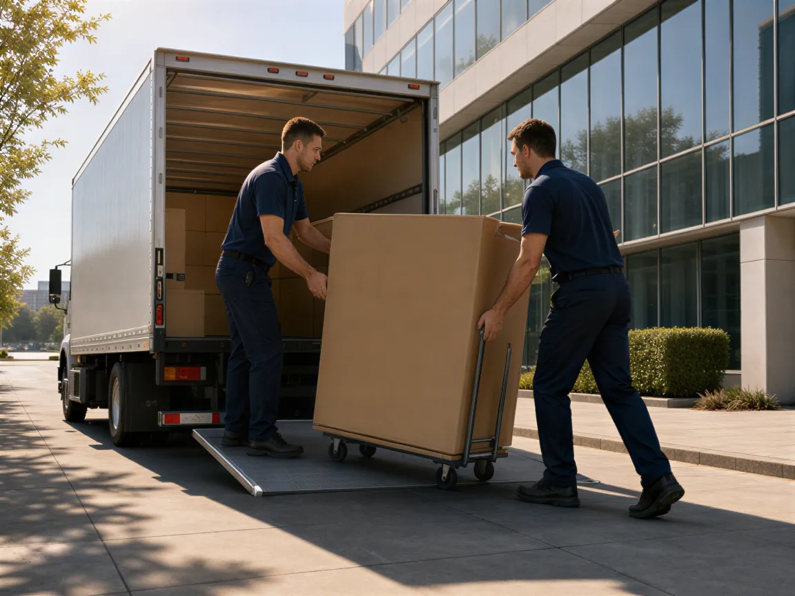 Zwei Umzugshelfer schieben einen großen Karton auf einem Rollwagen vor einem modernen Bürogebäude.