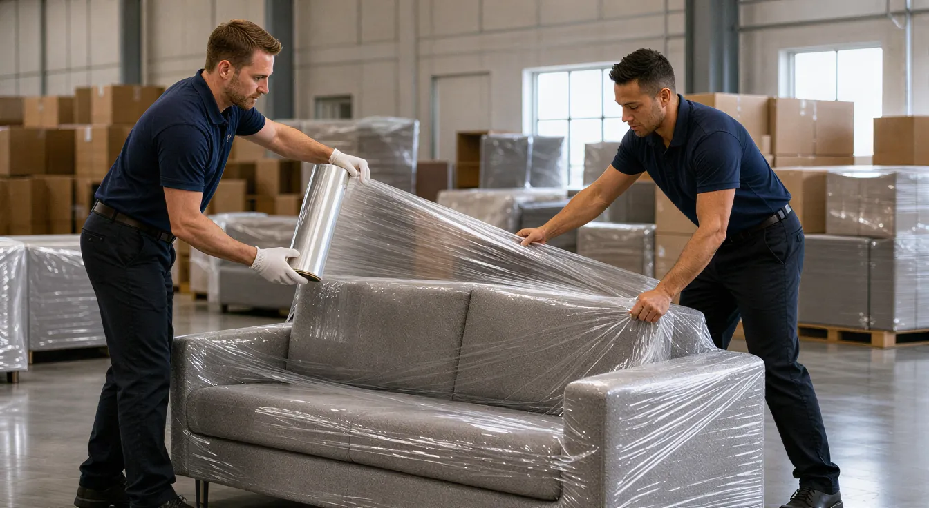 Zwei Umzugshelfer in dunklen Polohemden wickeln sorgfältig ein großes Sofa in Schutzfolie ein.