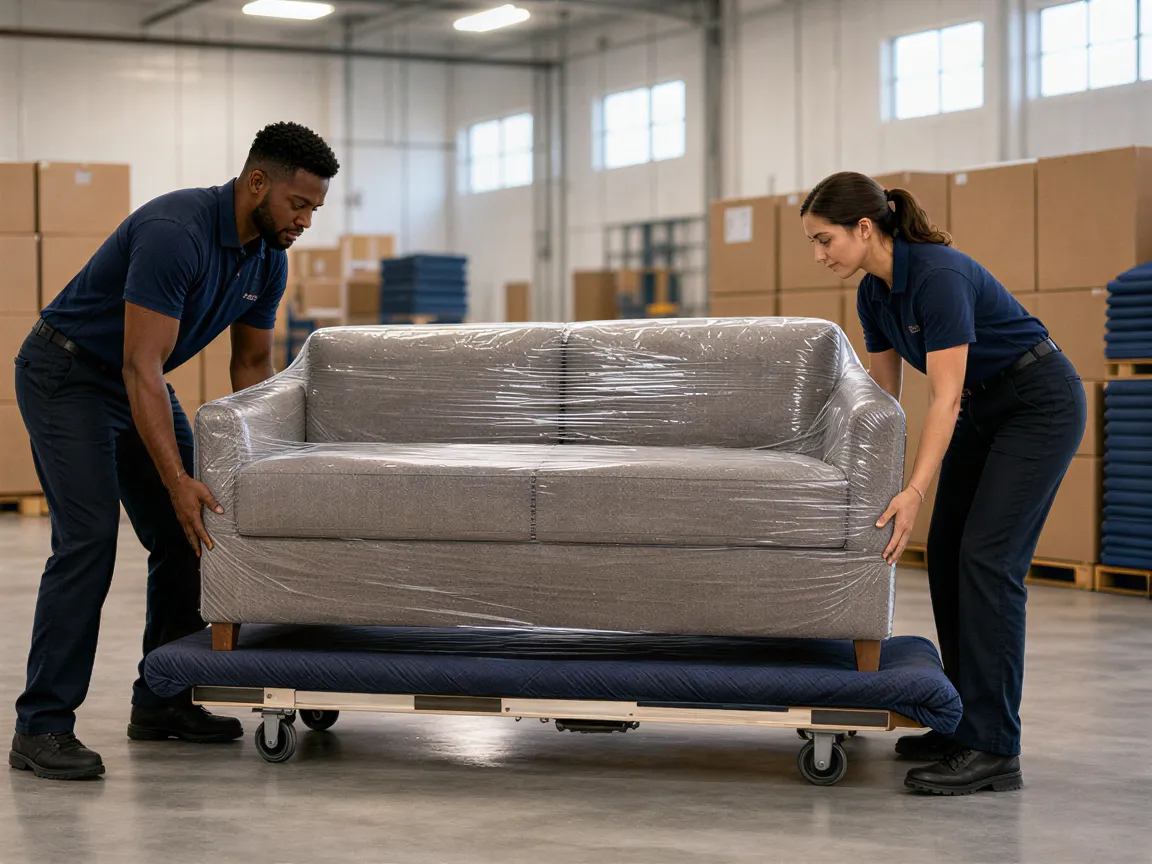 Zwei Umzugshelfer platzieren vorsichtig ein großes, eingepacktes Sofa auf einer gepolsterten Transportkarre in einem