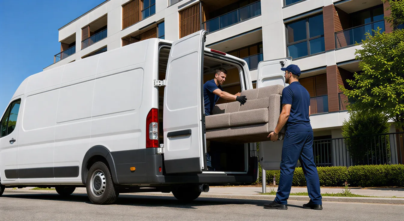 Ein Umzugsteam in dunkelblauen Uniformen lädt ein großes Sofa in einen weißen Transporter vor einem modernen Wohnhaus.