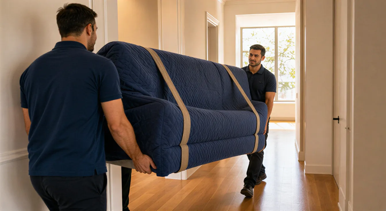 Zwei Umzugshelfer tragen ein sorgfältig verpacktes Sofa durch einen hellen, modernen Wohnungsflur.