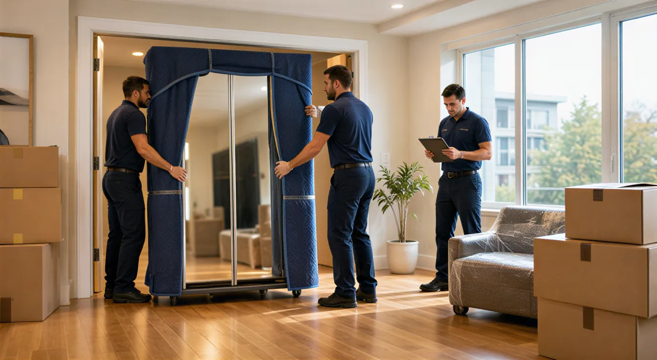 Drei Umzugshelfer transportieren einen verspiegelten Kleiderschrank durch eine helle Wohnung.