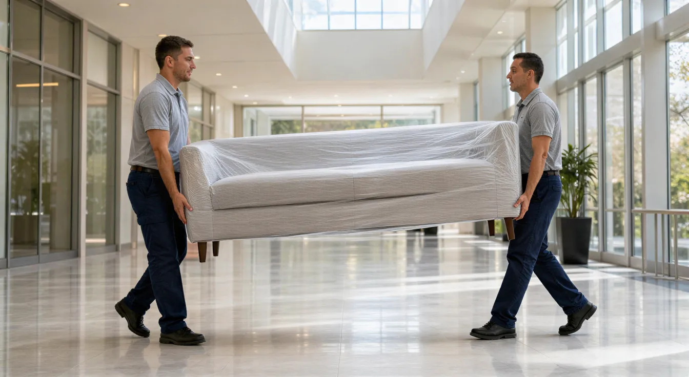 Zwei Möbelpacker tragen ein sorgfältig verpacktes Sofa durch die helle Lobby eines modernen Bürogebäudes.