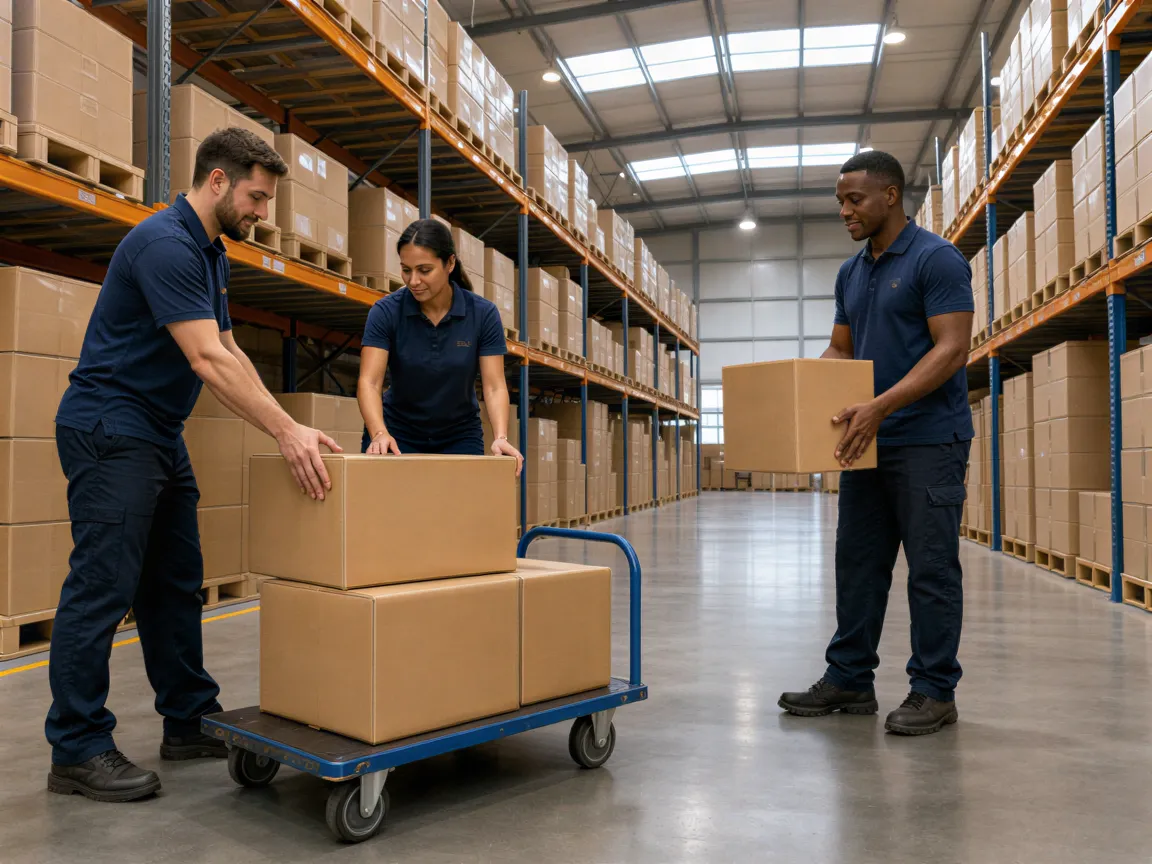 Drei Logistikmitarbeiter in blauen Polohemden laden Kartons auf einen Transportwagen in einem hellen Lagerhaus.