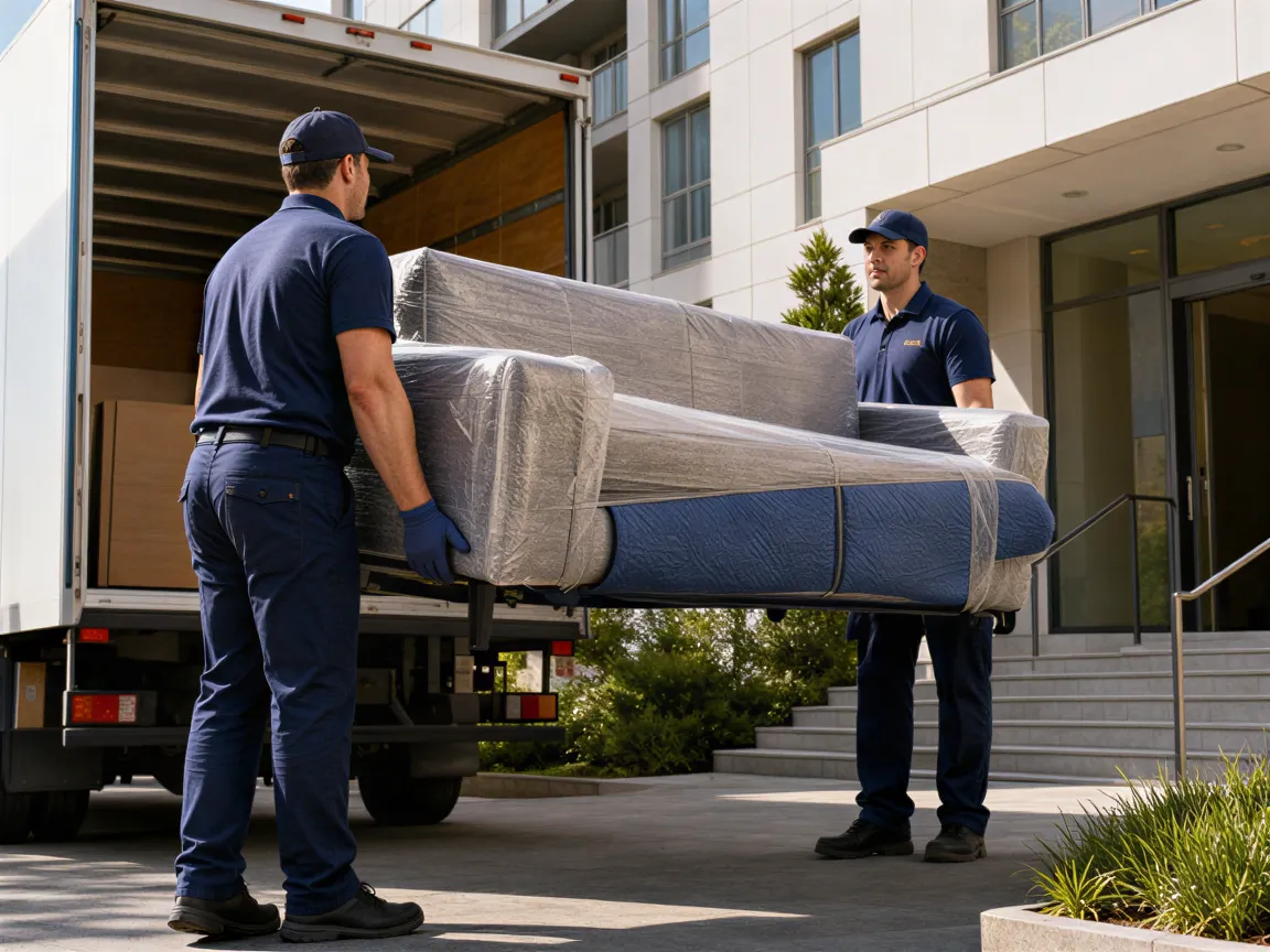 Zwei Umzugshelfer in blauen Uniformen tragen ein eingepacktes Sofa vom Laster zu einem modernen Wohnhaus.