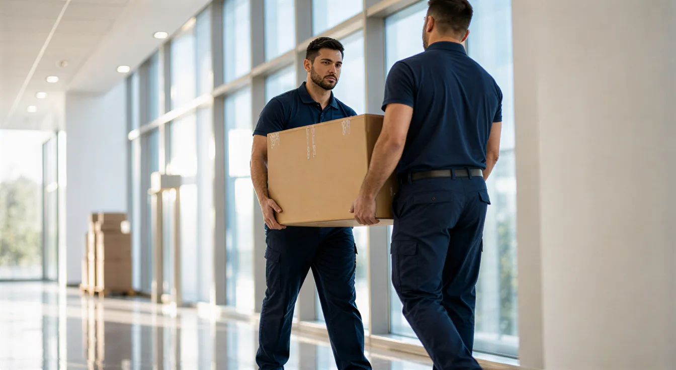 Zwei Umzugshelfer in blauer Arbeitskleidung tragen einen großen Karton durch einen hellen Büroflur.