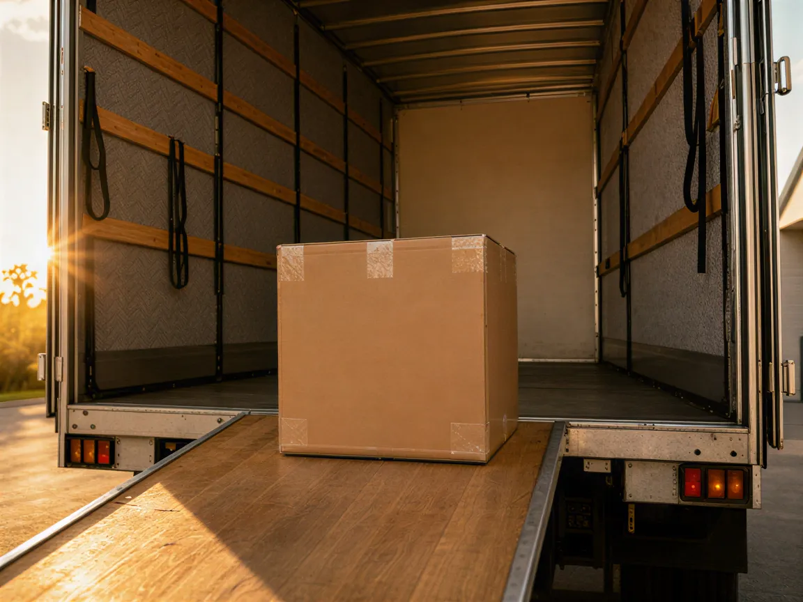 Ein einzelner Umzugskarton steht auf einer Laderampe in einem leeren, sauberen Transporter.