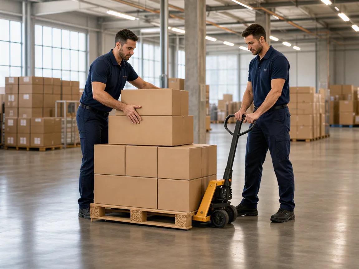 Zwei Arbeiter in dunkelblauen Uniformen laden Kartons auf eine Palette in einem hellen Logistiklager.