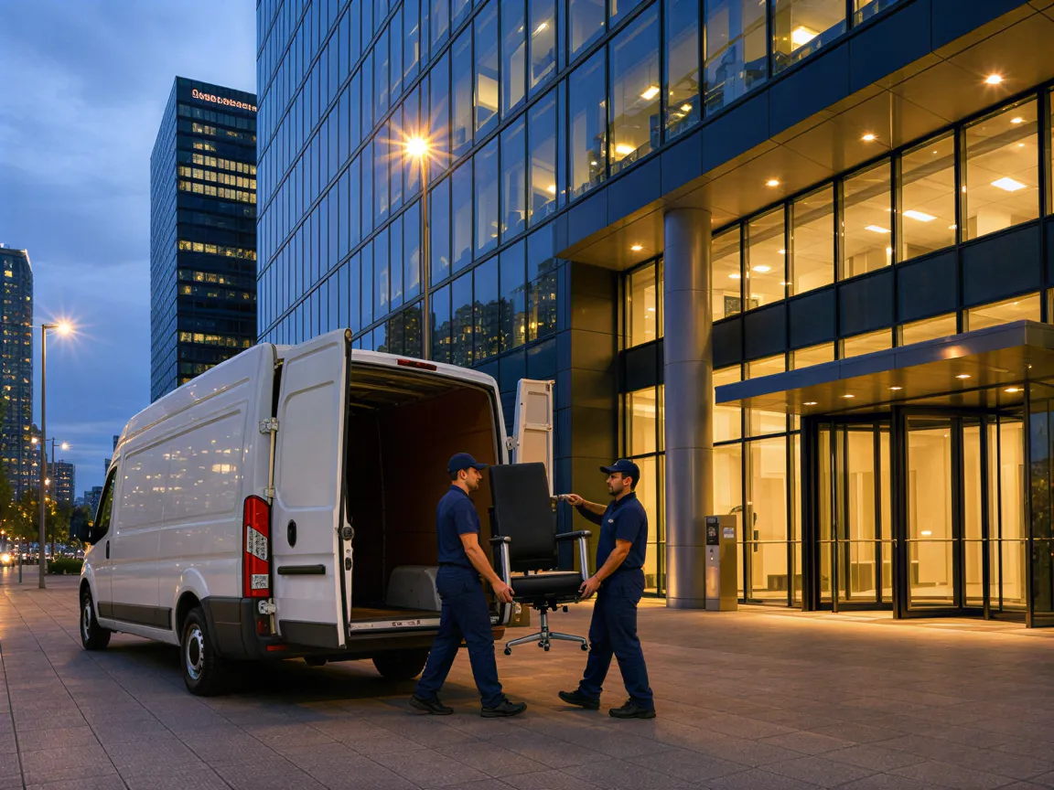 Zwei Umzugshelfer tragen einen Bürostuhl von einem Transporter zum Bürogebäude bei Dämmerung.