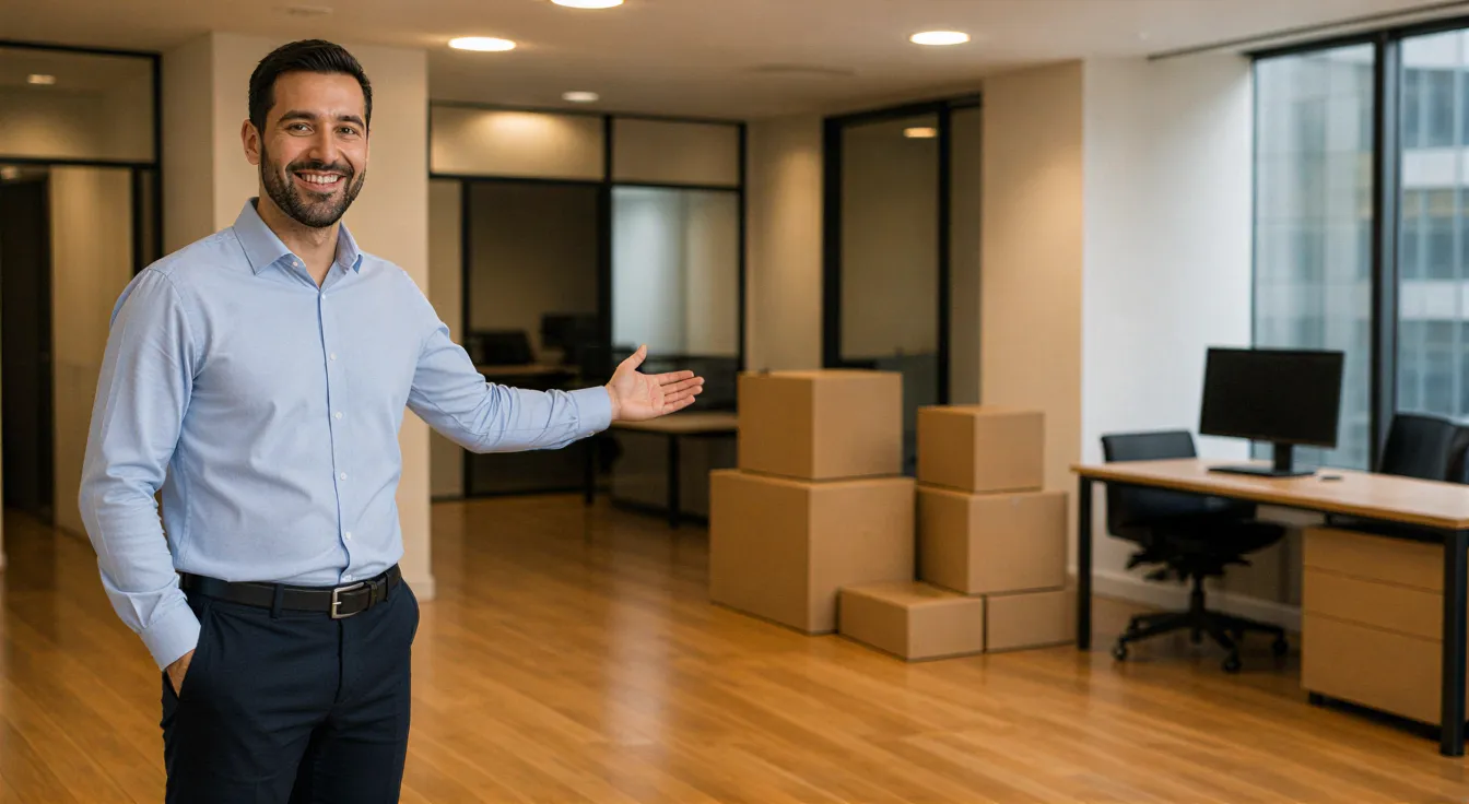 Ein Vertreter einer Umzugs- und Reinigungsfirma lächelt in einem aufgeräumten Büro und zeigt auf die saubere Umgebung.