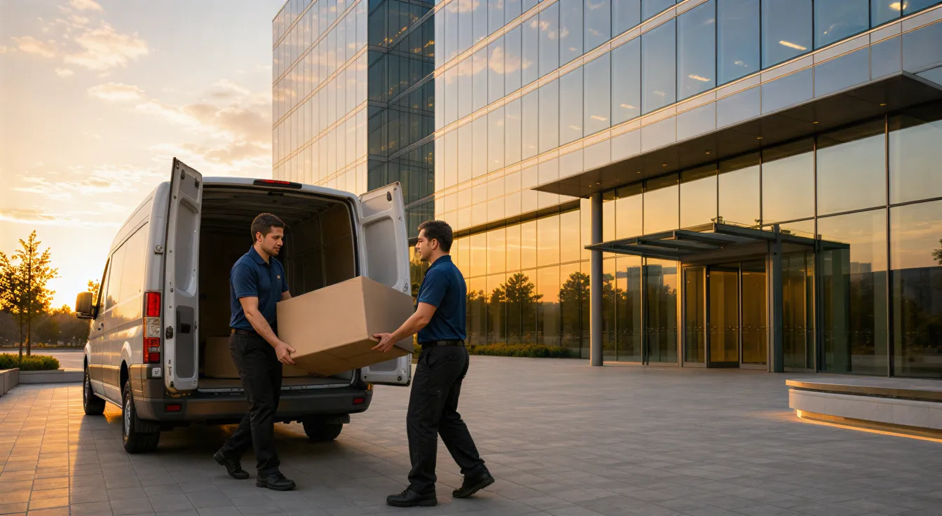 Zwei Umzugshelfer laden eine große Kiste aus einem weißen Transporter vor einem modernen Bürogebäude bei Sonnenuntergang.