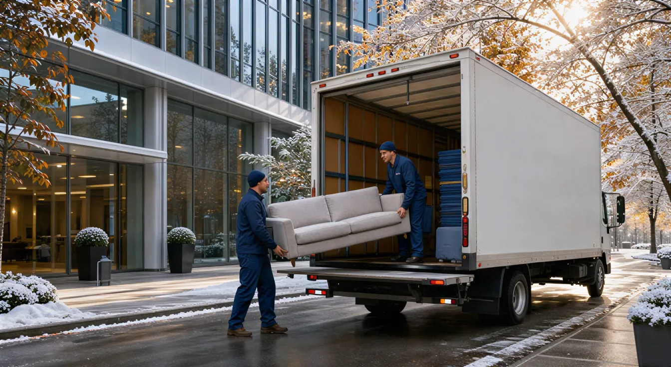 Zwei Umzugshelfer laden einen eleganten Sofa in einen weißen Umzugswagen an einer modernen Straße nach leichtem Schneefall.
