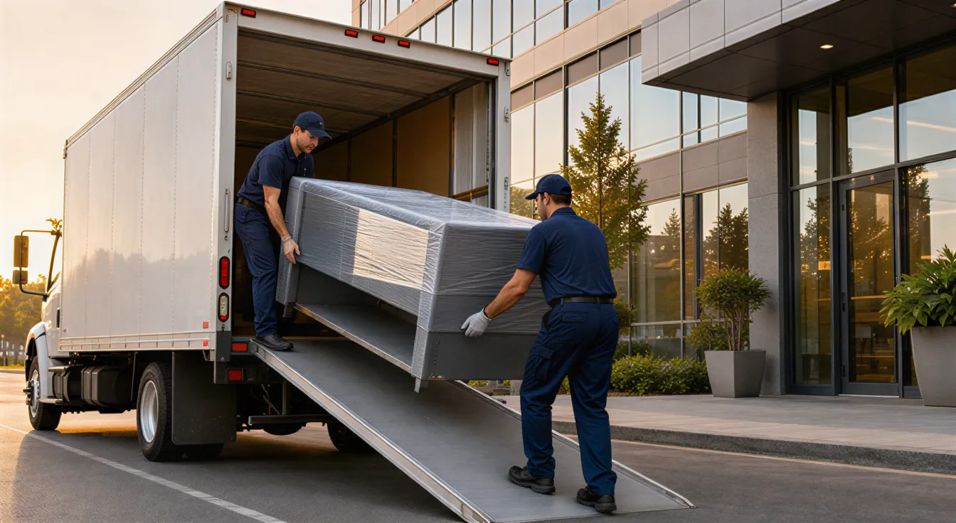 Zwei Umzugshelfer in blauen Uniformen schieben einen verpackten Schreibtisch eine Rampe hinunter.