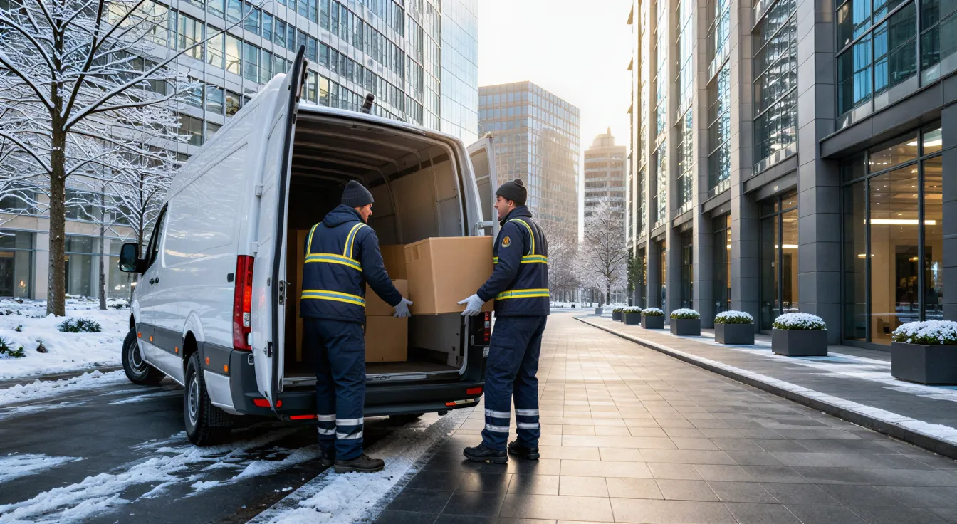 Zwei Arbeiter in blauen Uniformen laden braune Umzugskartons in einen weißen Lieferwagen vor modernen Glasgebäuden.
