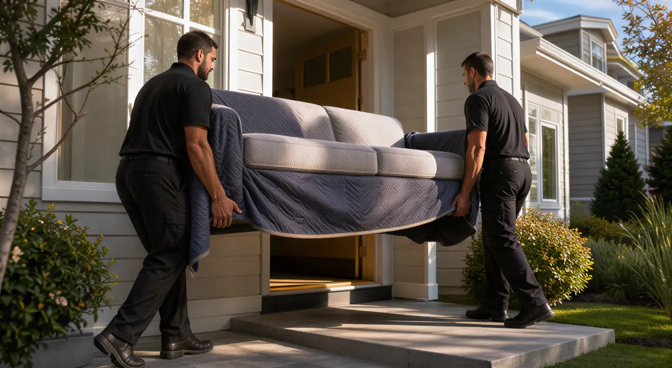 Ein professionelles Umzugsunternehmen trägt einen modernen Sofa durch die Haustür eines Hauses.
