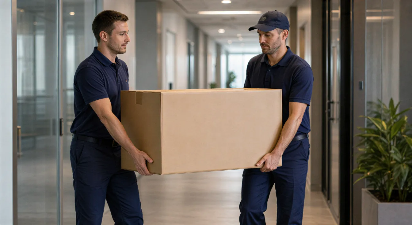 Zwei Umzugsmitarbeiter in blauen Arbeitsanzügen tragen einen großen Karton durch einen hellen Büroflur.