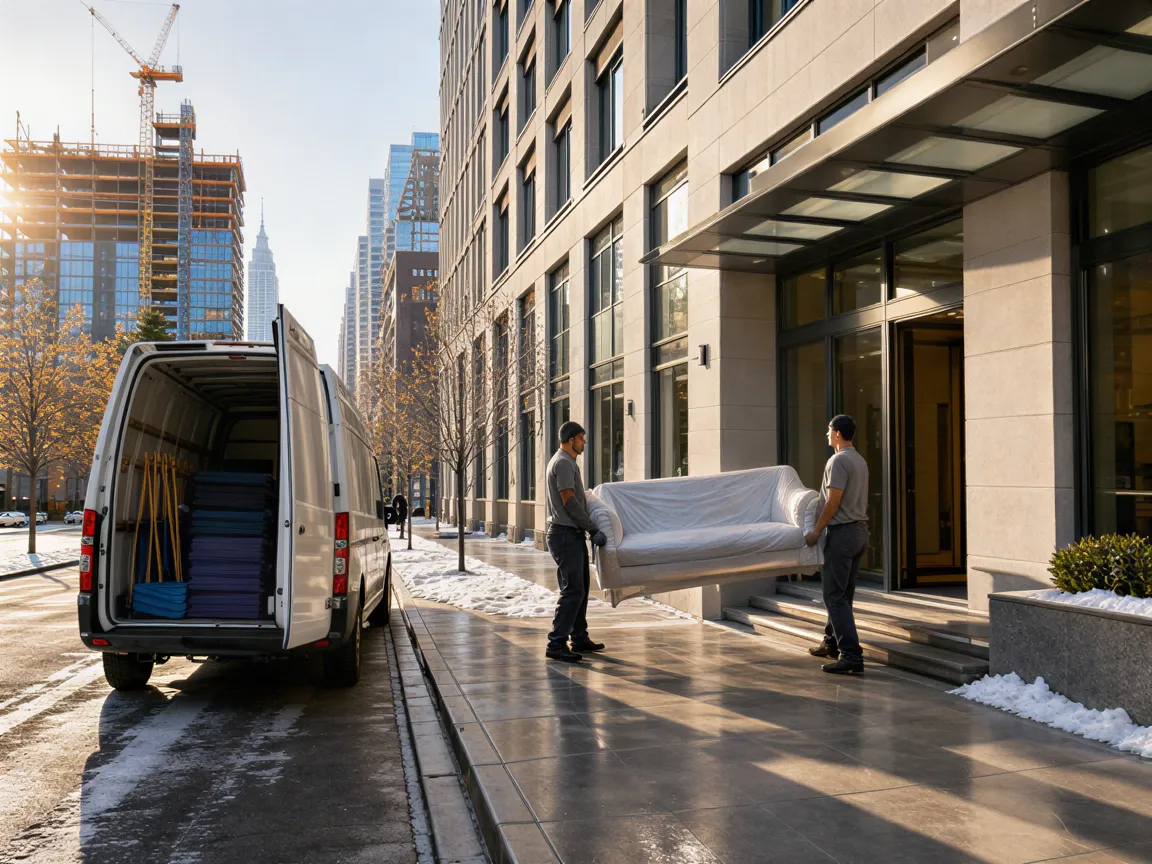 Ein Umzugsunternehmen transportiert ein Sofa vor einem modernen Wohngebäude in einer sauberen Stadtstraße.