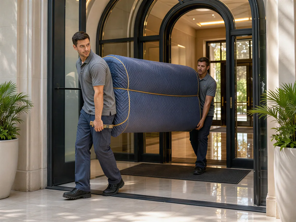 Ein Umzugsteam trägt ein sorgfältig verpacktes Sofa durch eine helle, moderne Wohnungslobby.
