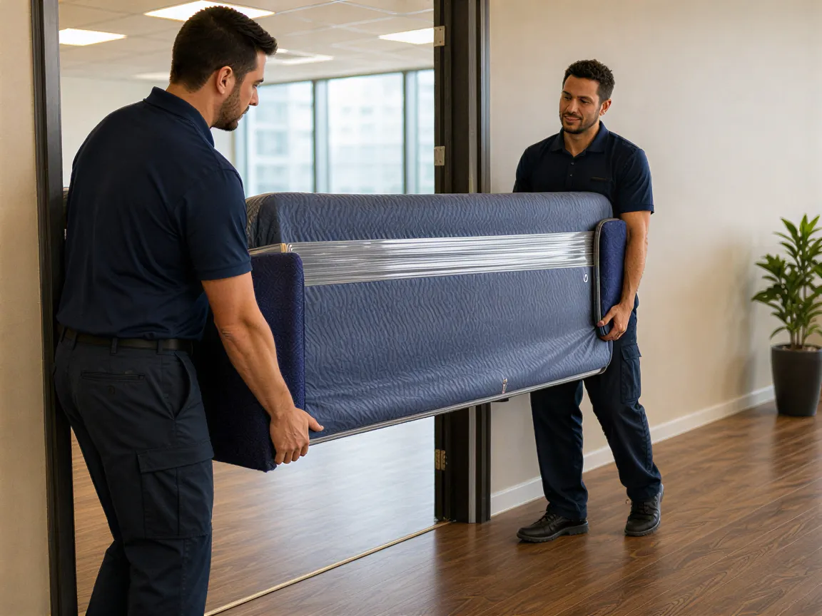 Zwei Umzugshelfer in blauen Polohemden tragen vorsichtig ein eingepacktes Sofa durch eine Bürotür.