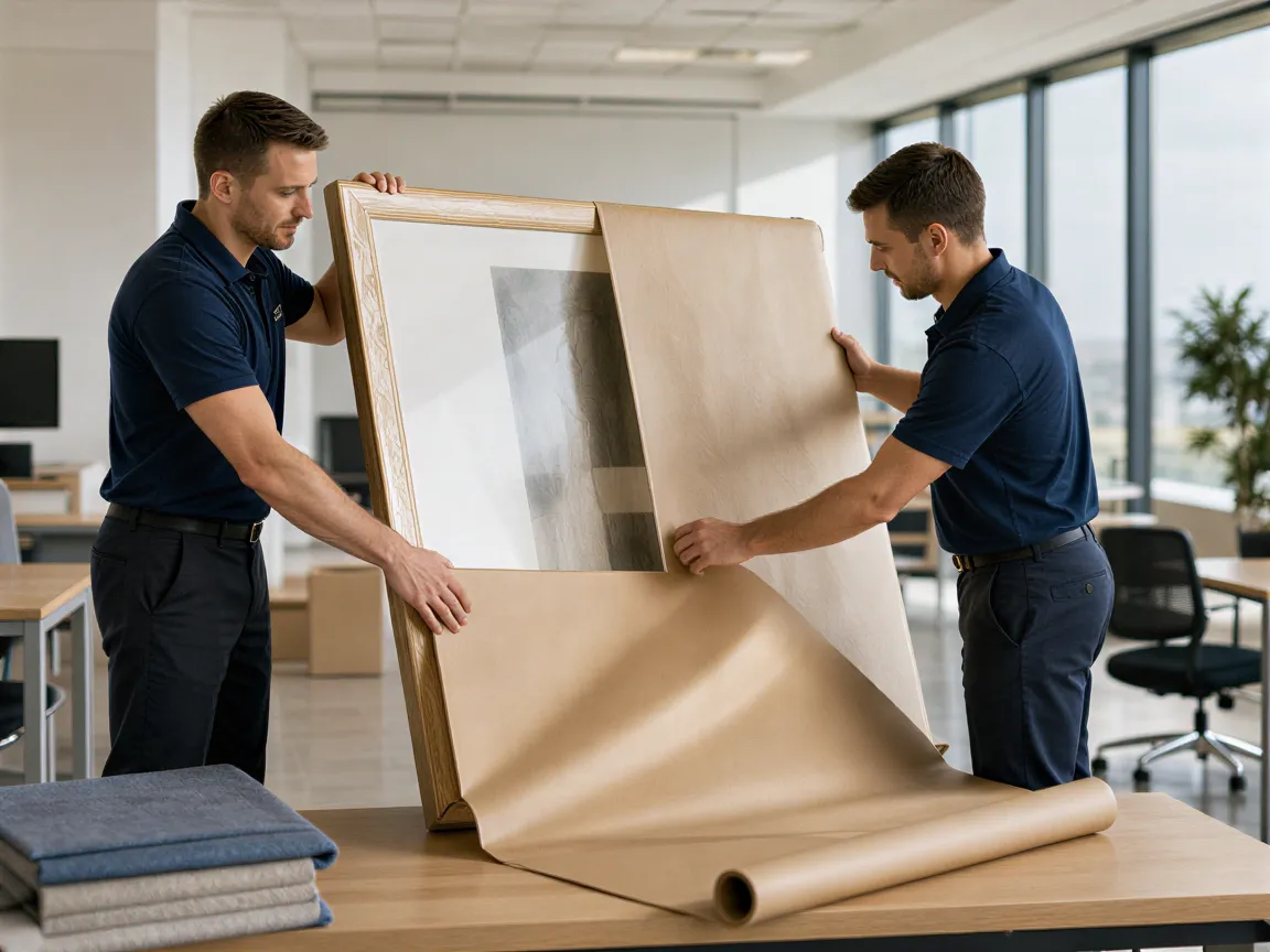 Zwei Arbeiter in dunkelblauen Polohemden wickeln ein großes gerahmtes Kunstwerk sorgfältig in Packpapier ein.
