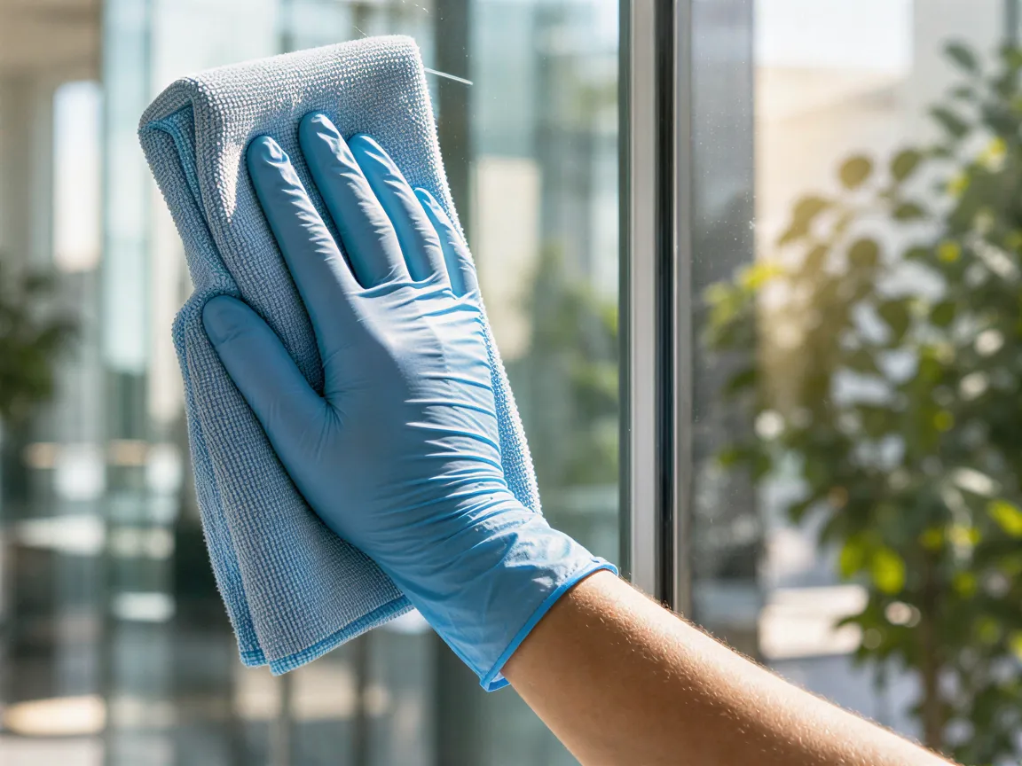 Eine Hand mit blauer Nitrilhandschuhe poliert eine streifenfreie Bürofensterscheibe mit einem Mikrofasertuch.