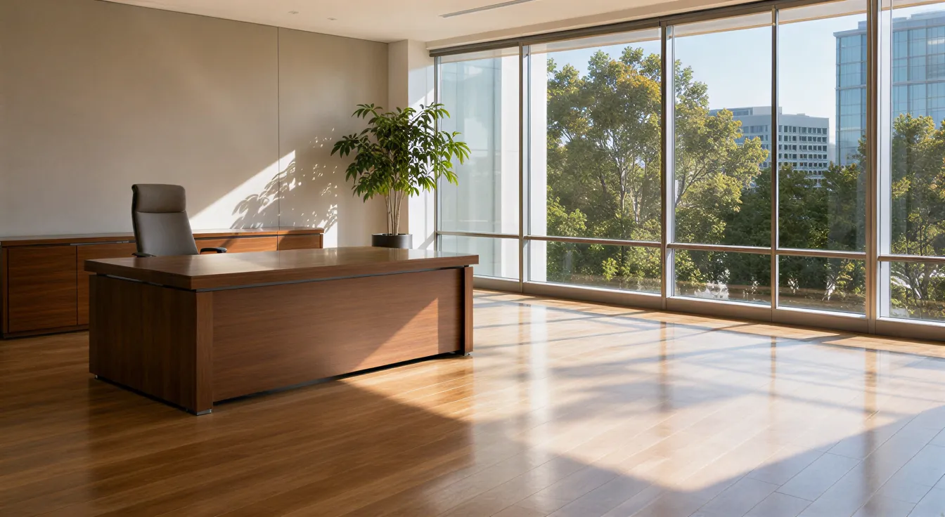 Ein sauberes, modernes Büro mit poliertem Schreibtisch, ergonomischem Stuhl und Topfpflanze in Sonnenlicht.