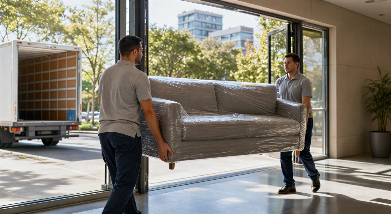 Ein Umzugsteam trägt eine in Folie eingepackte moderne Couch durch die helle Lobby eines Neubaus.