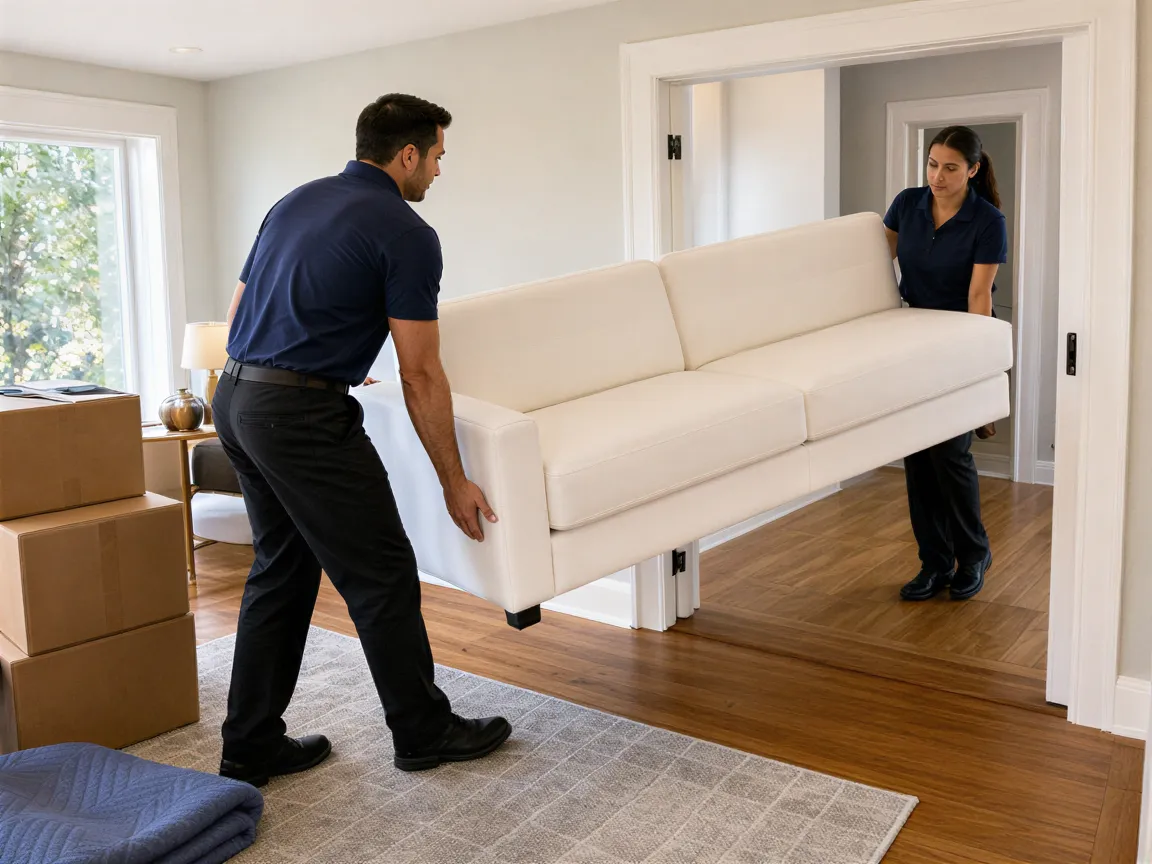 Ein Umzugsteam schiebt vorsichtig ein weißes Sofa durch eine Tür in einem hellen Wohnzimmer.