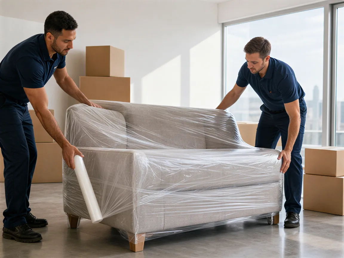 Zwei Umzugshelfer wickeln sorgfältig ein Sofa in einer hellen, modernen Wohnung mit Schutzfolie ein.