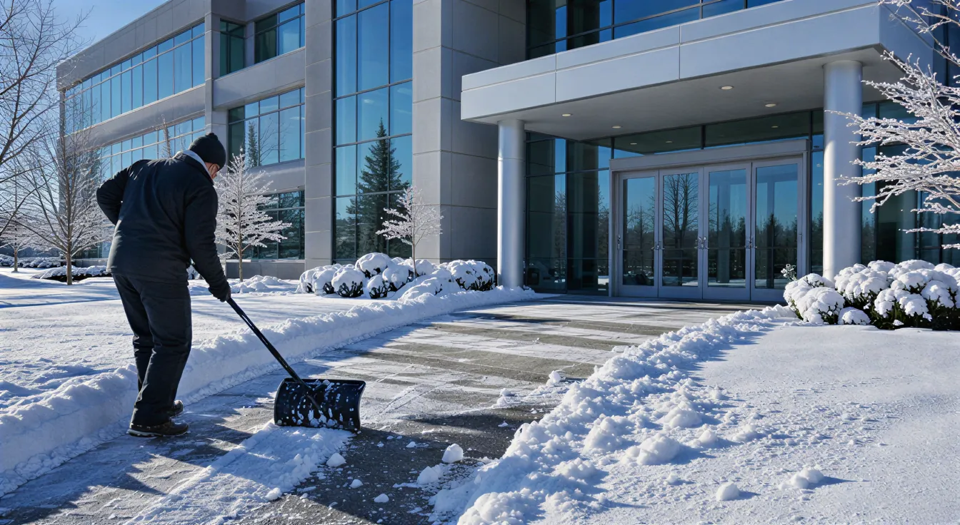 Ein Arbeiter schippt Schnee vor einem modernen Bürogebäude an einem klaren Wintermorgen.