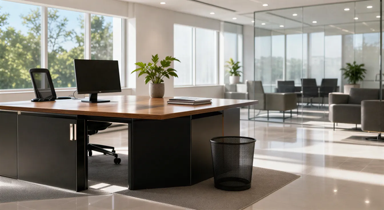 Ein sauberes, modernes Büro mit aufgeräumtem Schreibtisch, Monitor, Pflanze und staubfreiem Boden.