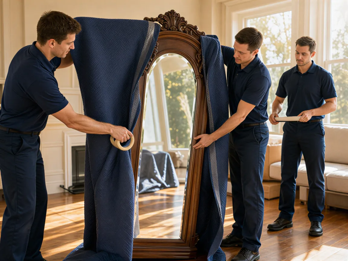 Ein professionelles Umzugsteam packt einen großen, verzierten Holzspiegel in einer sonnendurchfluteten Wohnung sorgfältig