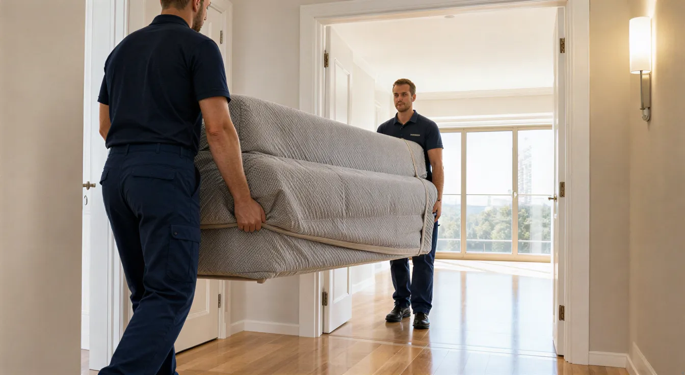 Zwei Umzugshelfer tragen ein großes, eingepacktes Sofa durch den Flur einer hellen Wohnung.