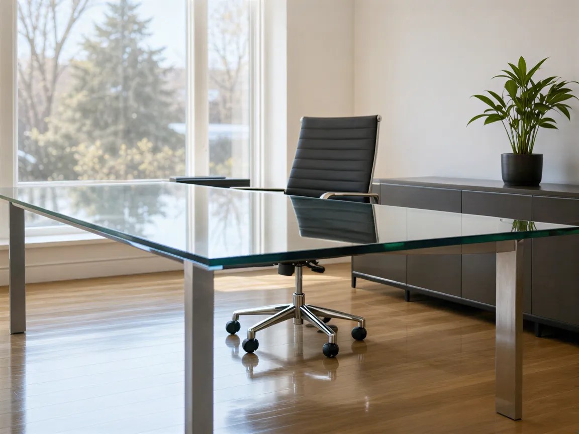 Ein minimalistisches Büro mit einem leeren Glastisch, einem Stuhl und einer Pflanze nach der Reinigung.