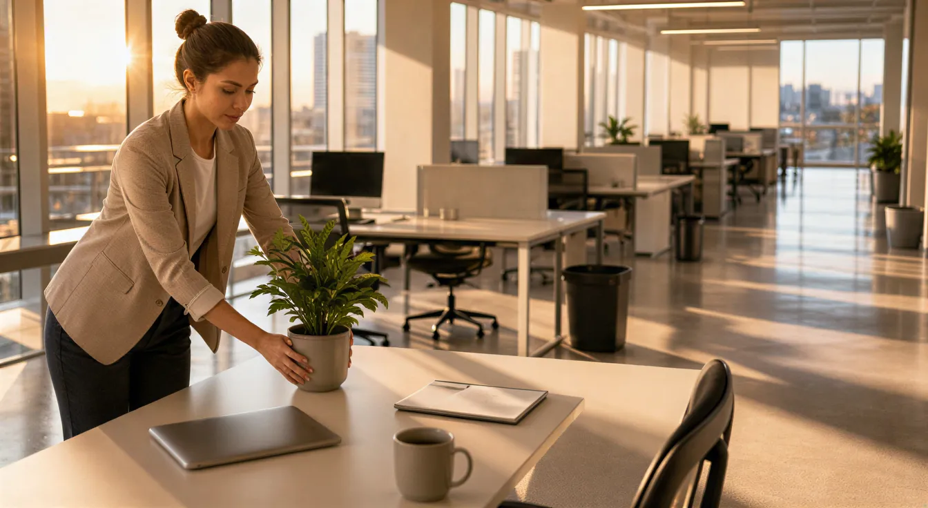 Eine Person stellt eine Topfpflanze auf einen sauberen Schreibtisch in einem modernen Büro mit Sonnenlicht.
